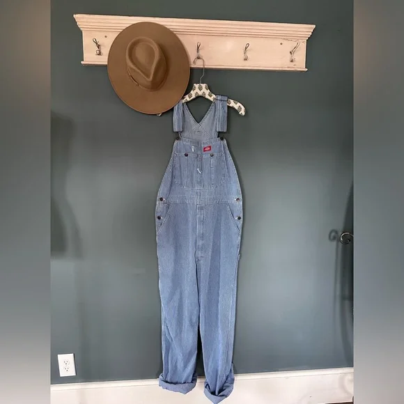 Dickies Hickory Stripe Railroad Overalls denim unisex Medium 34x34 - Picture 8 of 14